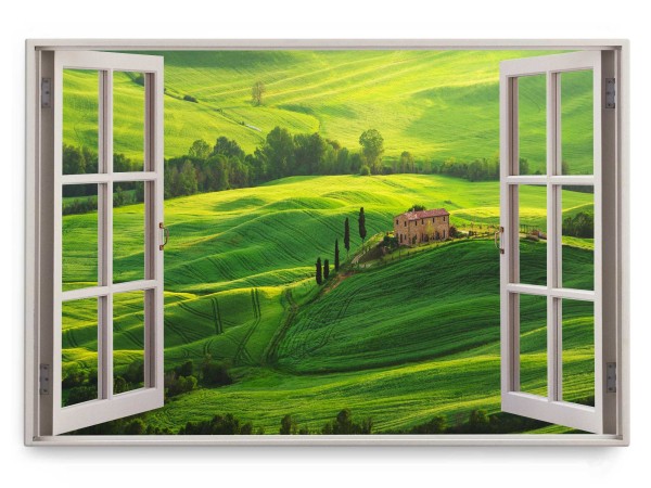 Wandbild 120x80cm Fensterbild Italien Toskana Landhaus Landschaft Grün Sonnenuntergang