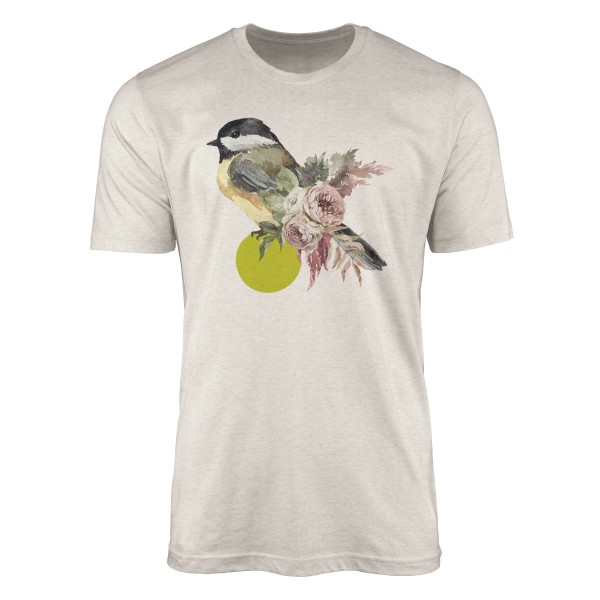 Herren Shirt Organic T-Shirt Aquarell Motiv Sperling Vogel Blumen Bio-Baumwolle Ökomode Nachhaltig