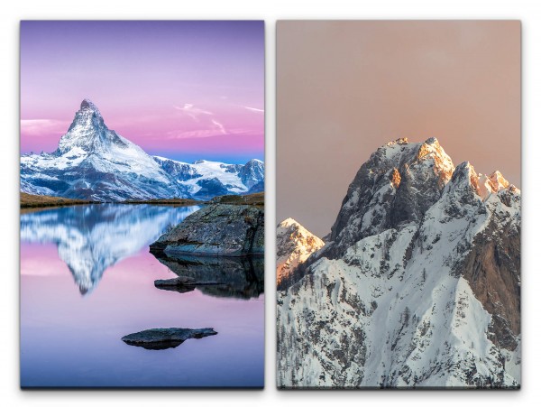 2 Bilder je 60x90cm Matterhorn Alpen Schneegipfel See Unberührt Majestätisch Seelenfrieden
