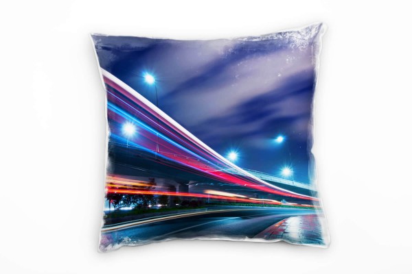 Urban und City, blau, rot, Lichtlinien, Nacht Deko Kissen 40x40cm für Couch Sofa Lounge Zierkissen