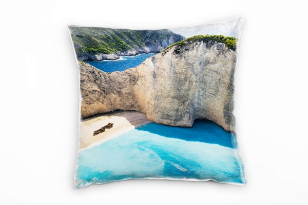 Strand und Meer, Bucht, Felsen, beige, türkis Deko Kissen 40x40cm für Couch Sofa Lounge Zierkissen