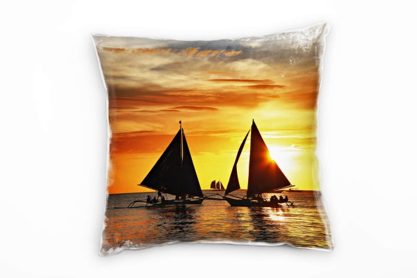 Meer, orange, schwarz, Segelschiffe, Sonnenuntergang Deko Kissen 40x40cm für Couch Sofa Lounge Zierk