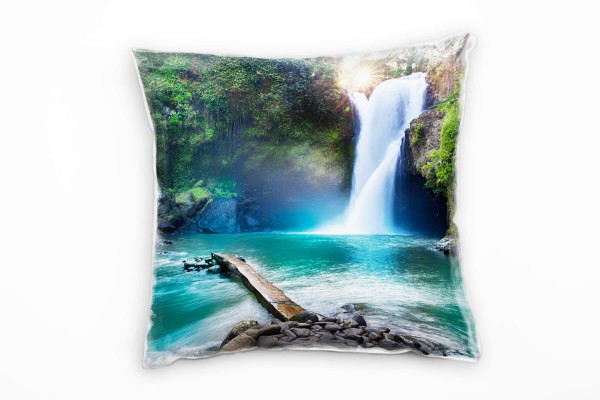 Natur, Wasserfall, tropischer Wald, türkis, grün Deko Kissen 40x40cm für Couch Sofa Lounge Zierkisse