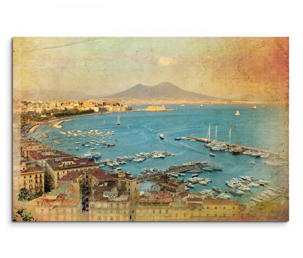 120x80cm Wandbild Neapel Meer Hafen Boote Vesuv Berg Sommer