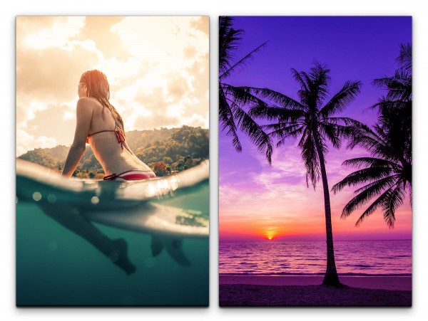 2 Bilder je 60x90cm Palmen Surferin Traumstrand Sonnenuntergang Traumurlaub Karibik Surfen