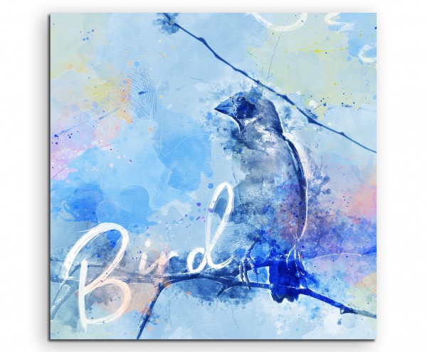 Vogel im Seitenprofil in Blautönen mit Kalligraphie