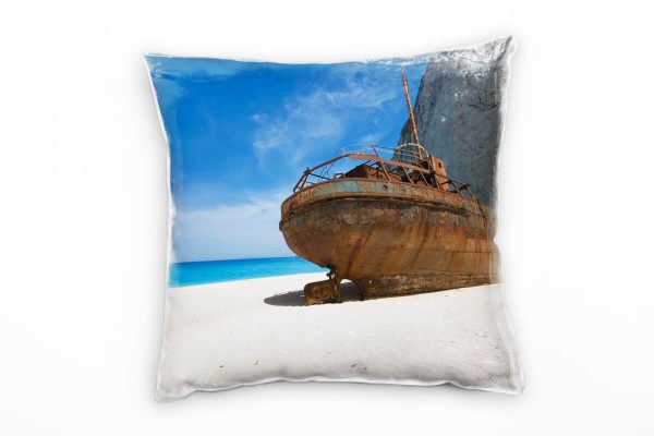 Strand und Meer, blau, braun, Schiffswrack am Strand Deko Kissen 40x40cm für Couch Sofa Lounge Zierk