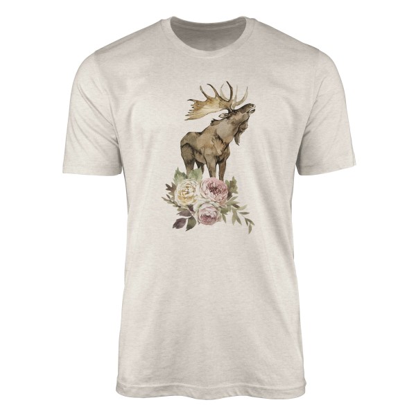 Herren Shirt 100% gekämmte Bio-Baumwolle T-Shirt Aquarell Elch Blumen Motiv Nachhaltig Ökomode aus