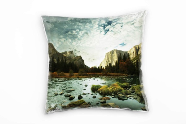 Landschaft, blau, grün, grau, Berge, Fluss Deko Kissen 40x40cm für Couch Sofa Lounge Zierkissen