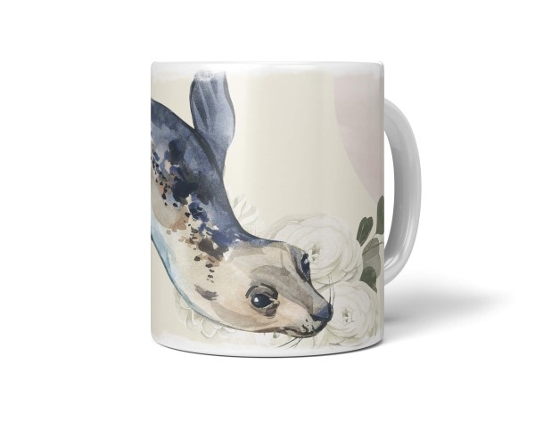 Dekorative Tasse mit schönem Motiv Robbe Seehund Blumen Blüten Kunstvoll Pastelltöne
