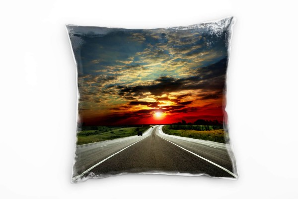 Landschaft, rot, grau, Straße in den Sonnenuntergang Deko Kissen 40x40cm für Couch Sofa Lounge Zierk