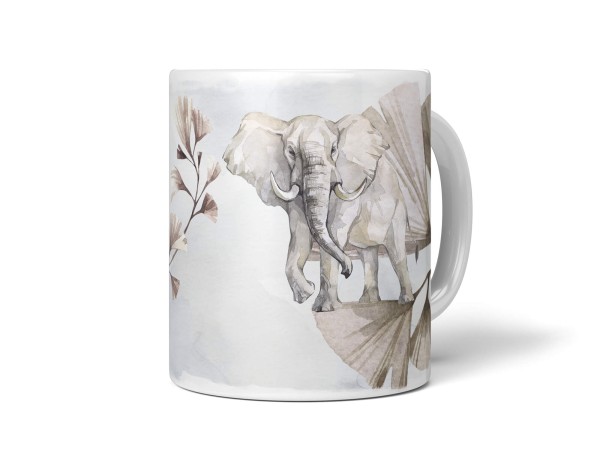 Tasse Porzellan Tier Motiv Elefant Pflanzen Wasserfarben Aquarell