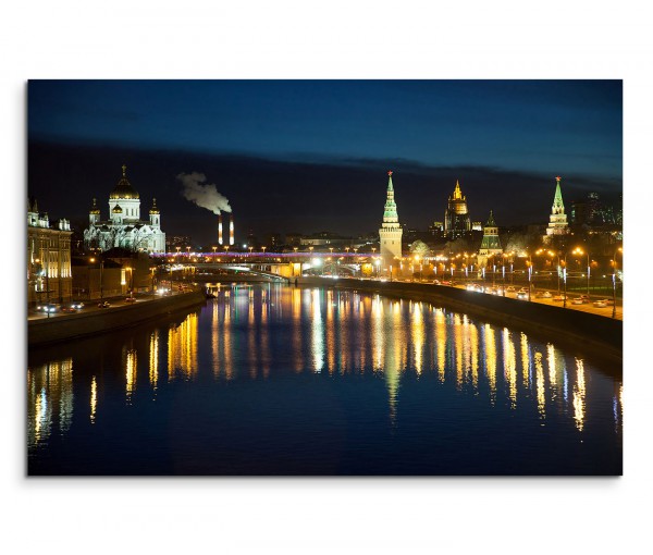 120x80cm Wandbild Moskau Fluss Gebäude Lichter Nacht