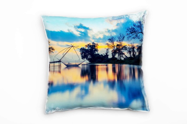 Meer, Fischernetz, Sonnenuntergang, orange, blau Deko Kissen 40x40cm für Couch Sofa Lounge Zierkisse