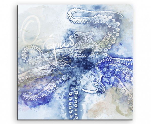 Großer Oktopus in Blautönen mit Kalligraphie