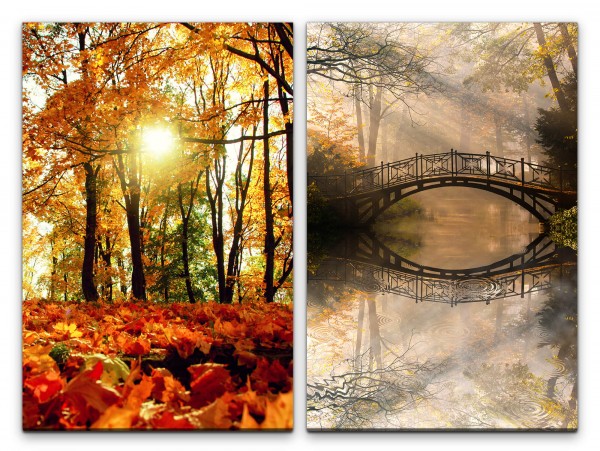 2 Bilder je 60x90cm Wald Herbst Laub Sonnenstrahlen Brücke Märchenhaft Träumerisch