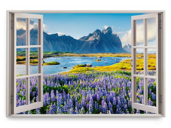 Wandbild 120x80cm Fensterbild Südamerika See Berge Blumen Blau Natur