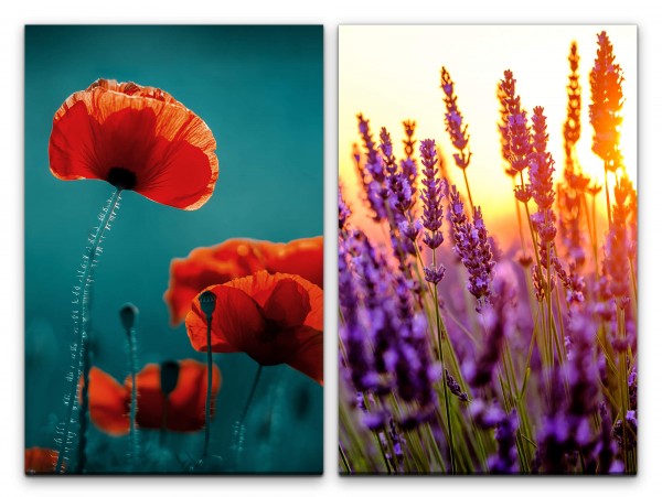 2 Bilder je 60x90cm Mohnblume Lavendel Lavendelfeld Sommer Wärme Sonnenuntergang Natur