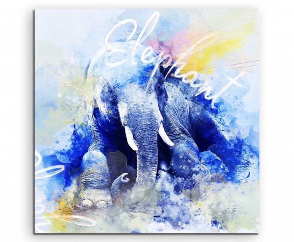 Sitzender Elefant in Blautönen mit Kalligraphie