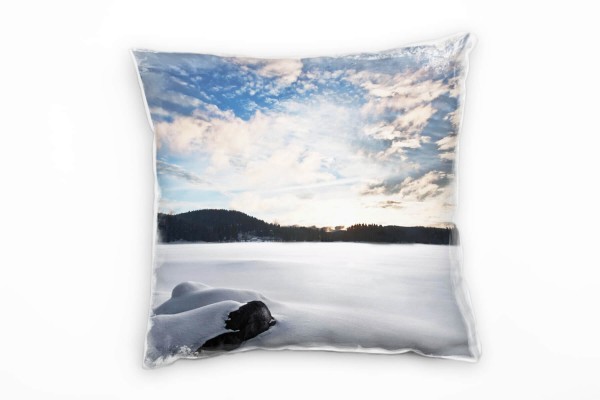 Winter, weiß, braun, blau, zugefrorener See Deko Kissen 40x40cm für Couch Sofa Lounge Zierkissen