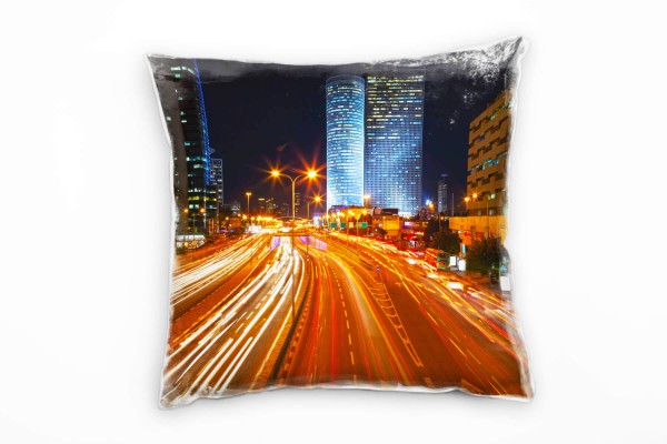 City, rot, blau, Lichtlinien, Hochhäuser, Nacht Deko Kissen 40x40cm für Couch Sofa Lounge Zierkissen