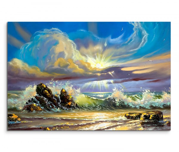 120x80cm Wandbild Meer Felsen Wellen Sonnenuntergang