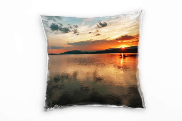 Seen, Sonnenuntergang, Haus, grau, orange Deko Kissen 40x40cm für Couch Sofa Lounge Zierkissen