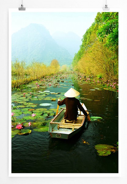 Landschaftsfotografie 60x90cm Poster Schwimmender Händler in Seerosen Vietnam