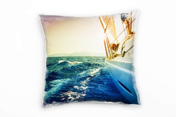 Meer, blau, orange, Segelboot im Sonnenuntergang Deko Kissen 40x40cm für Couch Sofa Lounge Zierkisse