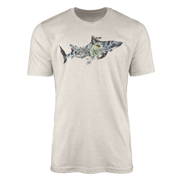 Herren Shirt 100% gekämmte Bio-Baumwolle T-Shirt Tigerhai Blumen Wasserfarben Motiv Nachhaltig Ökom