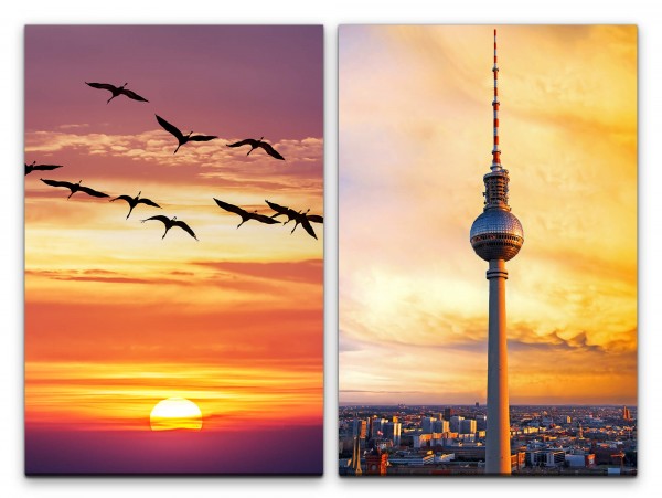 2 Bilder je 60x90cm Störche roter Himmel Berlin Deutschland Fernsehturm Sonnenuntergang Freiheit