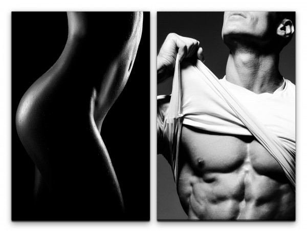 2 Bilder je 60x90cm Erotisch Muskulös Bodybuilder Akt Schwarz Weiß Sexy Sixpack