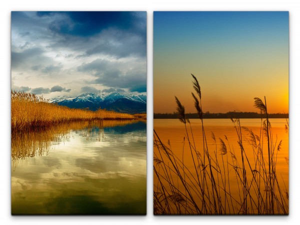 2 Bilder je 60x90cm Alaska Natur Berge See Abendröte Horizont Stille