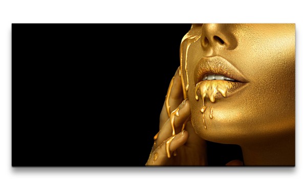 Leinwandbild 120x60cm Goldene Schminke Make-Up volle Lippen Sexy