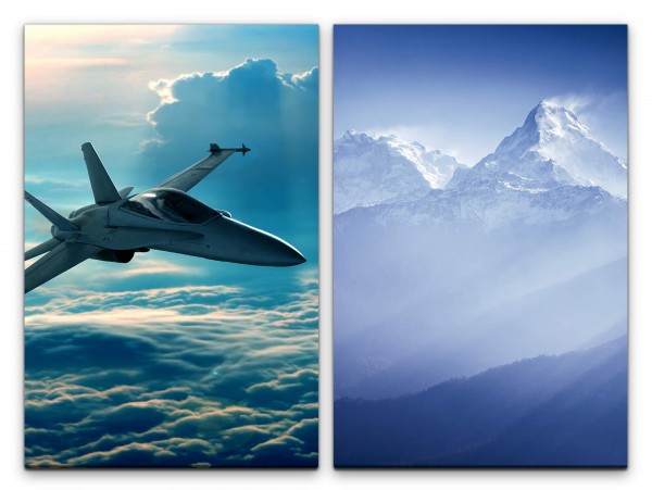 2 Bilder je 60x90cm Kampfflugzeug Düsenjet Wolken Fliegen Berge Berggipfel Militär