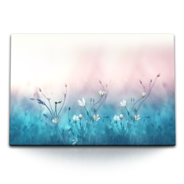 120x80cm Wandbild auf Leinwand Weiße Blumen Blumenwiese Blau Kunstvoll