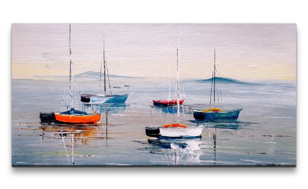 Leinwandbild 120x60cm Segelboote Meer Malerisch Horizont Kunstvoll Friedlich