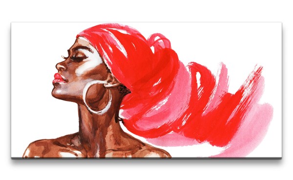 Leinwandbild 120x60cm Afrikanische Frau Porträt Kunstvoll Rot Schön Feminin