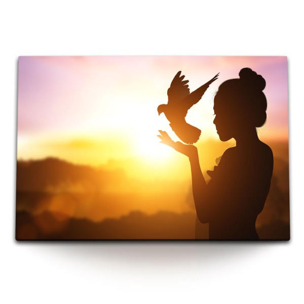 120x80cm Wandbild auf Leinwand Taube junge Frau Sonnenuntergang Rot Sonne