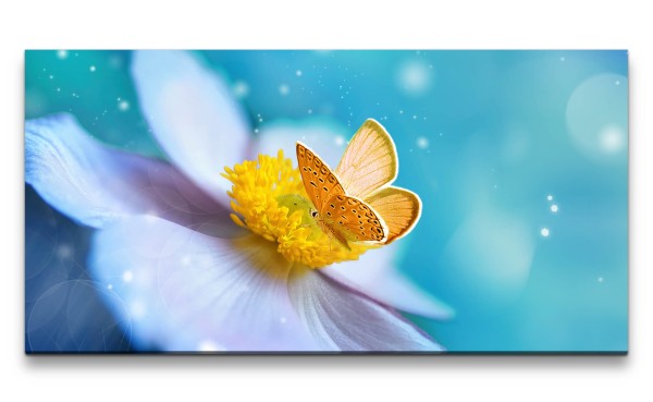 Leinwandbild 120x60cm Blume Blüte Schmetterling Kunstvoll Blau Wunderschön