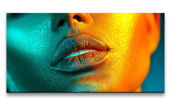 Leinwandbild 120x60cm Volle Frauen Lippen Schminke Gold Lippenstift Sexy