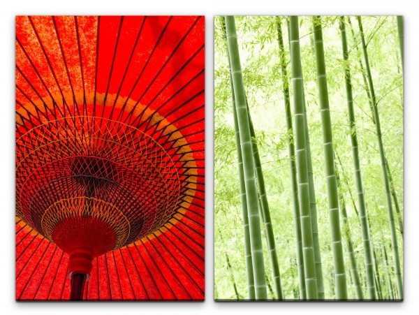 2 Bilder je 60x90cm Asien Papierschirm Sonnenschirm Bambus Bambuswald Traditionell Meditation