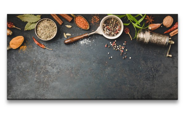 Leinwandbild 120x60cm Gewürze Trockenfrüchte Küche Kochen Salzmühle Kräuter