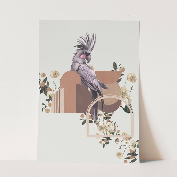 Vogel Motiv grauer Kakadus Blumen Vintage Design Erdtöne