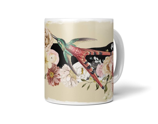 Dekorative Tasse mit schönem Vogel Motiv Kolibri Blumen Blüten Kunstvoll Wasserfarben
