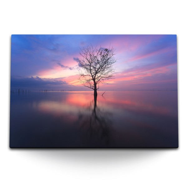 120x80cm Wandbild auf Leinwand Baum im See Horizont Abenddämmerung Sonnenuntergang