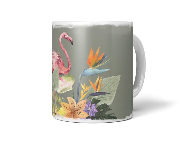 Dekorative Tasse mit schönem Vogel Motiv Flamingo Blumen Exotisch Tropisch Kunstvoll Südsee