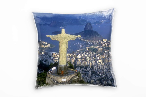 City, Rio de Janeiro, Christi Statur, grau, blau Deko Kissen 40x40cm für Couch Sofa Lounge Zierkisse