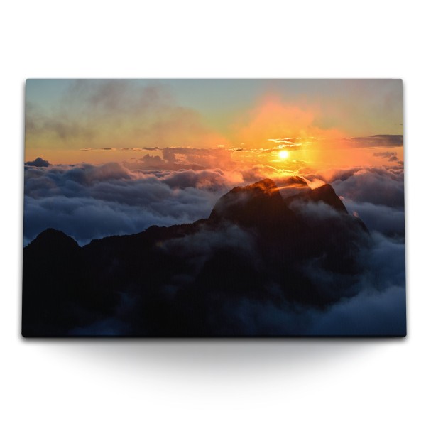 120x80cm Wandbild auf Leinwand Berggipfel über den Wolken Sonnenuntergang Abendrot