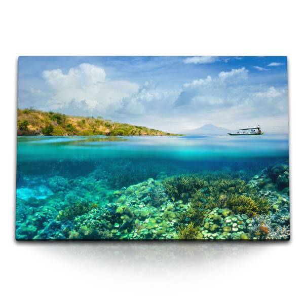 120x80cm Wandbild auf Leinwand Südseeparadies Karibik Korallenriff Ozean Blau